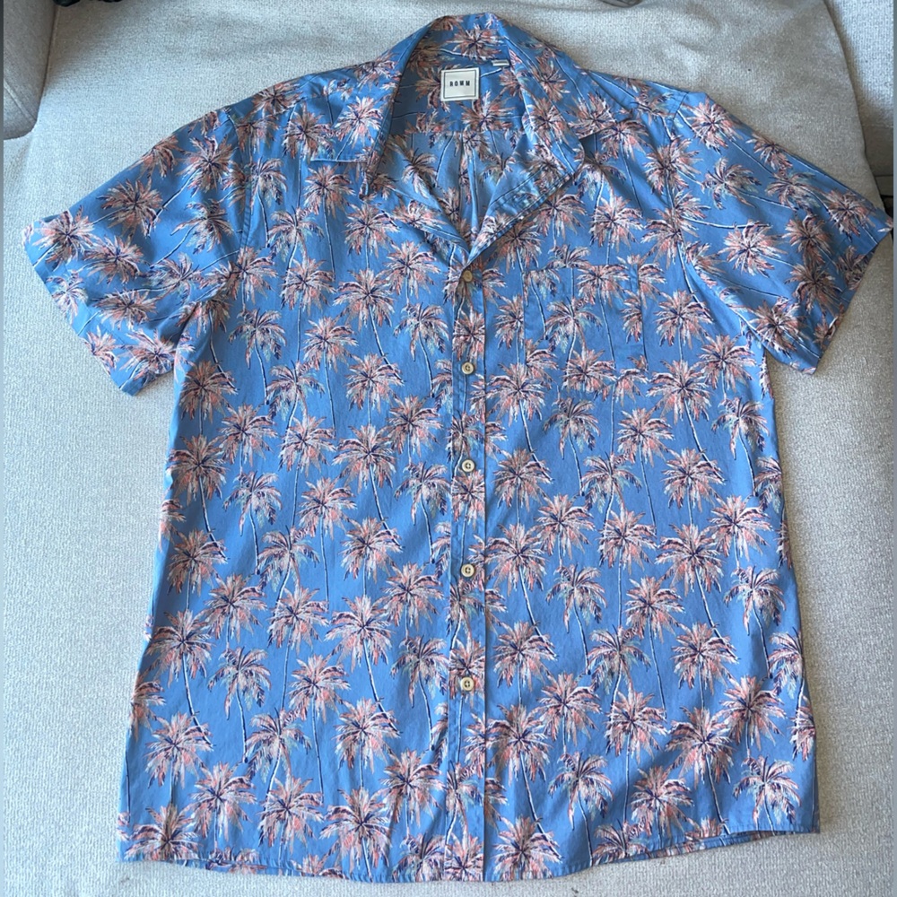 Blue Hawaiian Palm Tree Button Down Shirt | Men’s Size Medium
